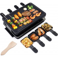 Electric Raclette Barbecue Grill Non-Stick Smokeless Coating Family Table Grill with 8 Mini Grill Pans 1 Wooden Spatula
